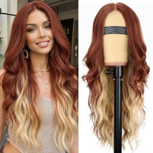 Image of AISI HAIR Copper Blonde Wig for Women, Long Wavy Lace Hairline Middle Part Synthetic Wig for Daily Party-26 Inch