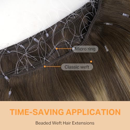 Image of DOORES Beaded Weft Hair Extensions 24 Inch Balayage Chocolate Brown to Caramel Blonde 120g Thick Human Hair Beaded Weft Extensions for Women