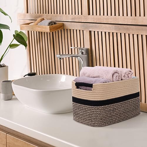 Image of Woven Rope Storage Bin for Organizing - Medium 13 inchx9.8 inchx9 inch Rectangular Cube Basket with Handles, Decorative Boho Nursery, Bathroom, Closet Organizer - Black & Jute by MicroIdeas