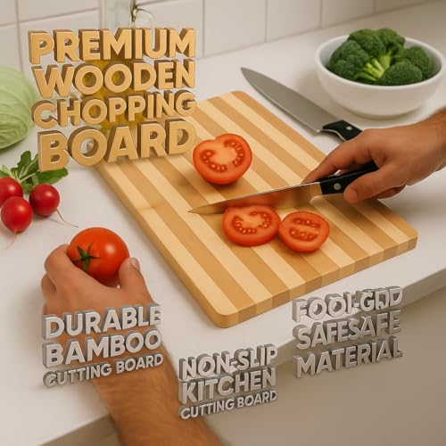 Image of Wooden Chopping Board for Kitchen | Bamboo Cutting Board for Vegetables & Fruits | Food Grade, Eco Friendly, Heavy Duty Kitchen Board with Hanging Loop