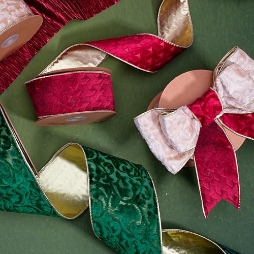 LaRibbons Green Embossed Velvet Ribbon Wired, Gold Metallic Back, 4 Inch by LaRibbons - Used condition - Image 4