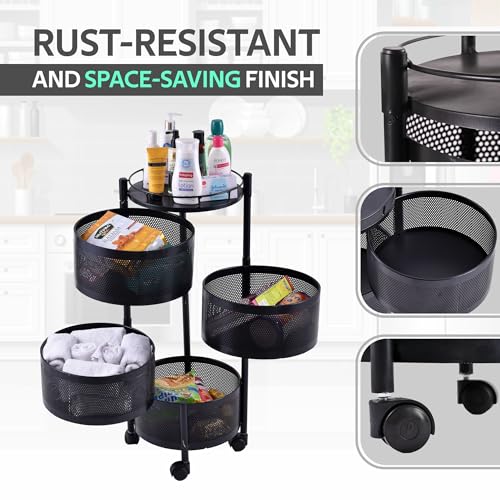 Image of Kuber Industries Storage Rack | 4-Layer Round Multipurpose Storage Trolley with Wheels | Rotating Vegetable Kitchen Rack | Kitchen Cabinet Spice Rack | Metal Fruit Storage Rack | Black
