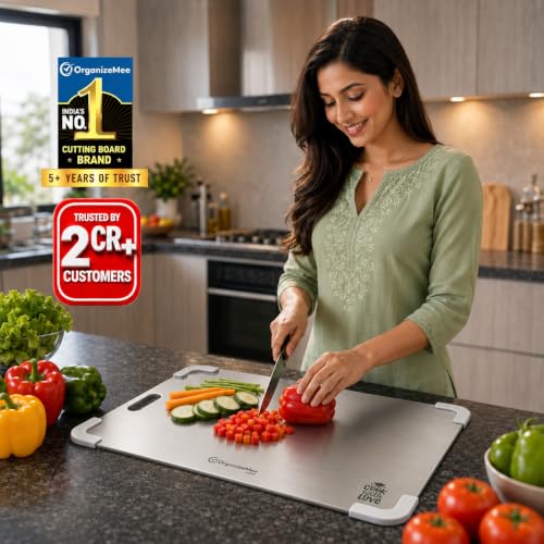 Image of Extra Large Anti Skid Stainless Steel Chopping Board with Knife [45x31 cm] Non Slip Cutting for Kitchen with Silicone Anti Skid Corner Protectors,Rust Proof,for Vegetables, Fruits + Knife