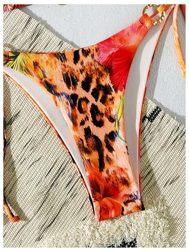 Floerns Women's 2 Piece Swimsuits Cheetah Floral Triangle Halter Bikini Tie Side Ring Bathing Suit4