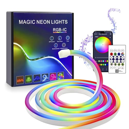 FWoche RGB IC neon LED-strip, 5m USB WS2811 IP67 waterdicht met Bluetooth APP en IR-afstandsbediening, muzieksynchronisatie, flexibele siliconen lichtstrip, magische kleur voor woonkamer, slaapkamer
