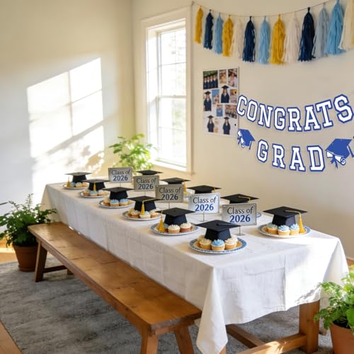 Image of Congrats Grad Banner Graduation Party Banner Decoration Hanging Garland High School College Backdrop Supplies Blue White