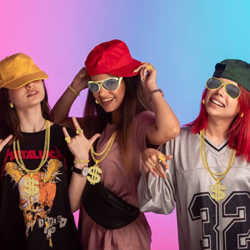 Dreamtop 8Pcs Hip Hop Costume kit 80s 90s Hip Hop Fancy Dress Rapper Fancy Dress Accessories with Disco Gold Dollar Sign Necklace Bracelet Rings Earrings Sunglasses for Women Men Hippie - Image 4