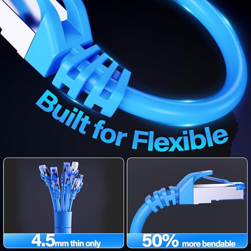 Image of Cat6A Ethernet Cable Shielded 10Gbps 5 ft (5 Pack), Slim Shielded (F /UTP) Ethernet Cable Cat 6, Flexible 28AWG Bare Copper Cat6 Cable, Space-saving Cat 6a Network Cable for Server, Data Center, Blue