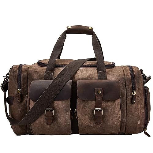 Waxed Canvas Vintage Overnight Duffel Weekend Travel Bag Waterproof For Men Women with Shoes Compartment (Dark Brown)