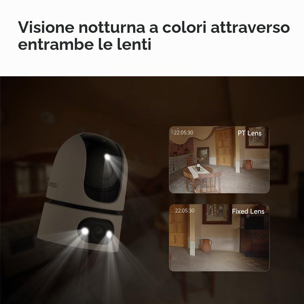Imou Ranger Dual Pro 3MP+3MP - Telecamera interna Wi-Fi con 2 obiettivi, PTZ a 360°, Dual Band WiFi 6, visione notturna a colori, rilevamento di persone e animali domestici, tracciamento automatico
