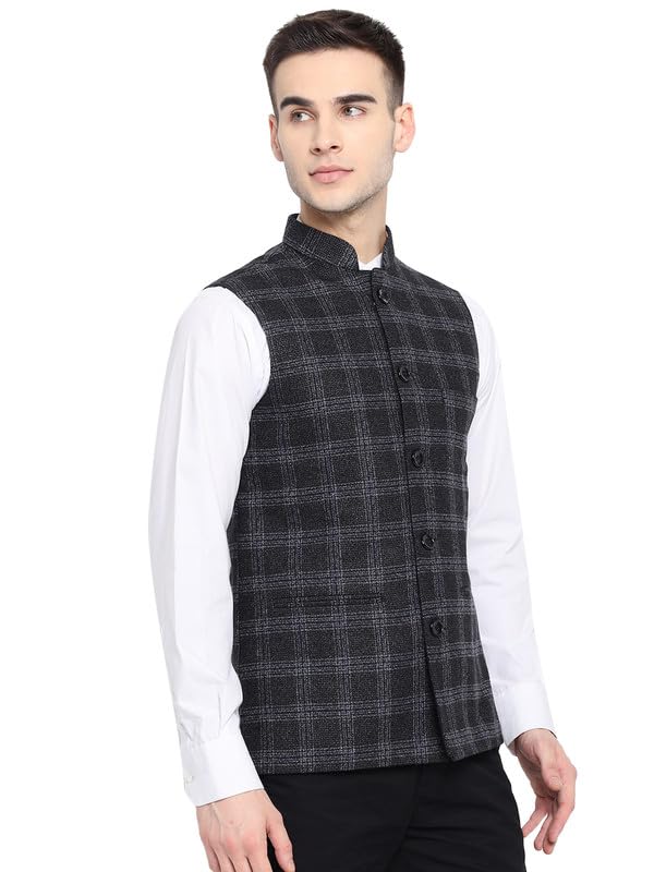 Image of Vastraa Fusion Mens Pure Wool Export-Quality Indian Traditional Nehru Jacket (VS4401D-42 Black-Check 42 - XL)