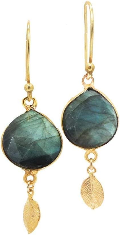 24K Gold Plated Labradorite Earrings with Leaf Charm