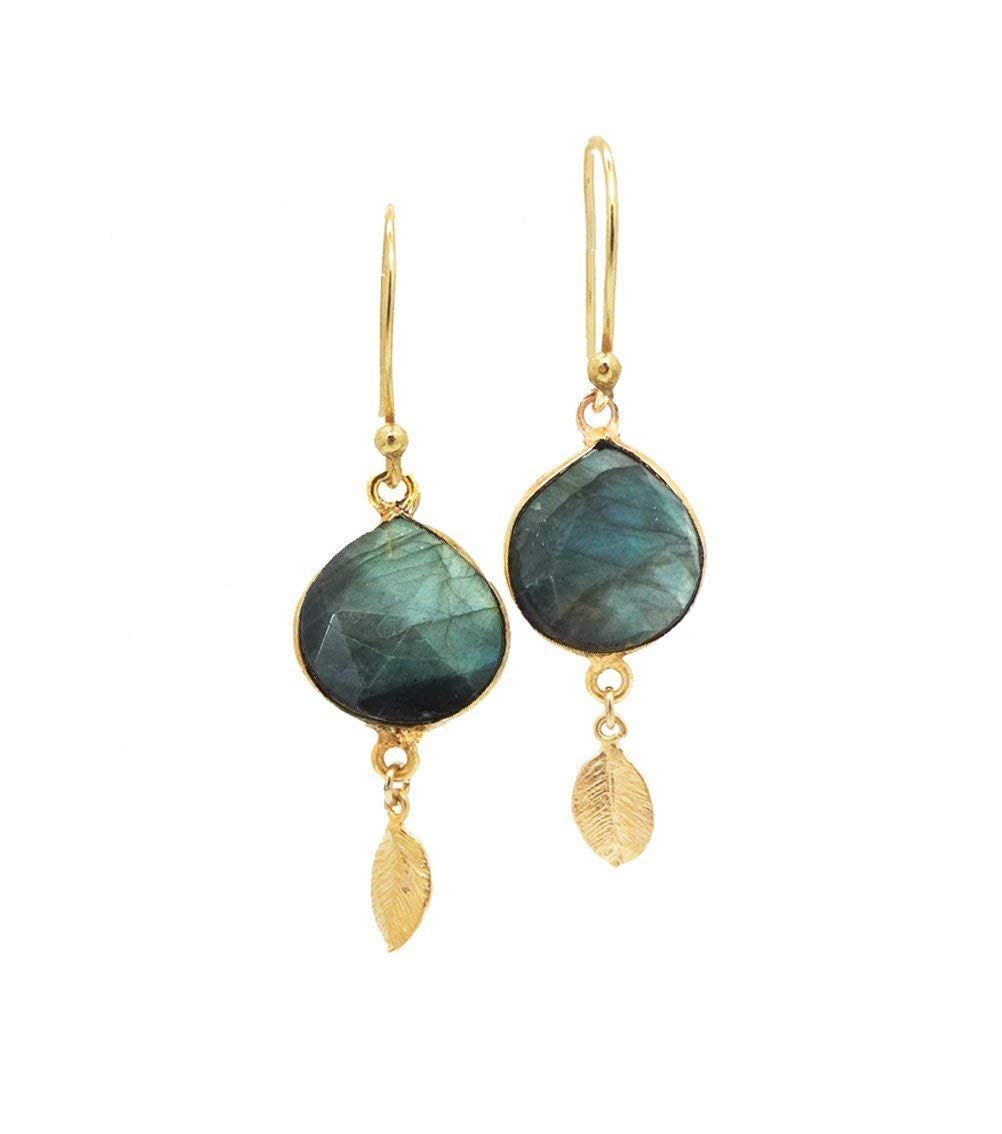 24K Gold Plated Labradorite Earrings with Leaf Charm