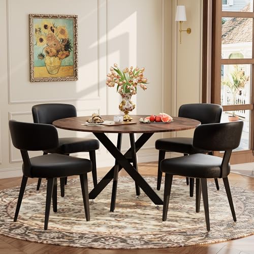 Image of Wood Dining Table Set for 4, 47 inch Round Kitchen Table with 4 Faux Leather Dining Chairs, MDF Tabletop with Metal Legs, Ergonomic Dining Chair with Metal Legs(Woodgrain Table with Black Chairs)