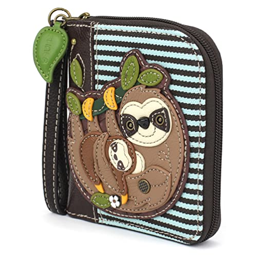 Image of CHALA Zip Around Wallet, Wristlet, 8 Credit Card Slots, Sturdy Pu Leather - Sloth Family - Blue Stripe