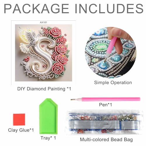 Image of AiYuanzsh 5D Diamond Art Kits for Adults Letter S, Floral Rose & Dove Special Shape Diamond Painting, Alphabet Diamond Art for Beginners DIY Crystal Rhinestones Craft and Wall Display 17x17cm