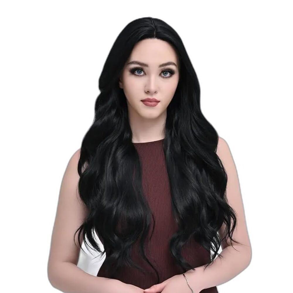 Long Wavy Hair Wig for Women | Curly Black Synthetic Hair Wig with Middle Parting | Natural-Looking Heat-Resistant Full Head Wig | Fashion, Cosplay & Alopecia | Includes Wig Cap & Comb