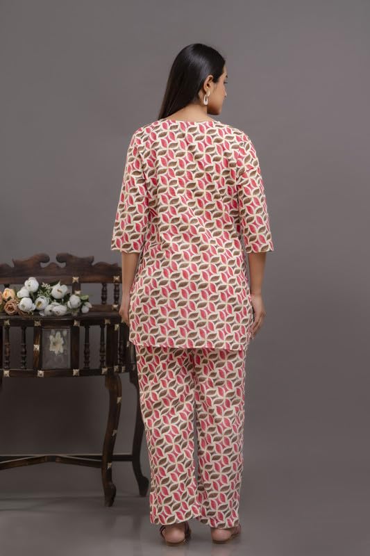 Image of Pure Cotton Printed Night Suit Top and Pyjama Set for Women's Night Dress of Shirt & Pyjama Set for Womens