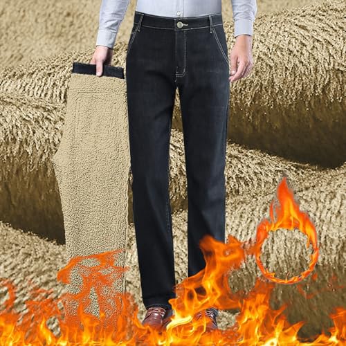 Men's Jeans Fleece Lined Thickened Denim Pants Loose Straight Fit Stretchy Fall Winter Warm Casual Style Trousers2