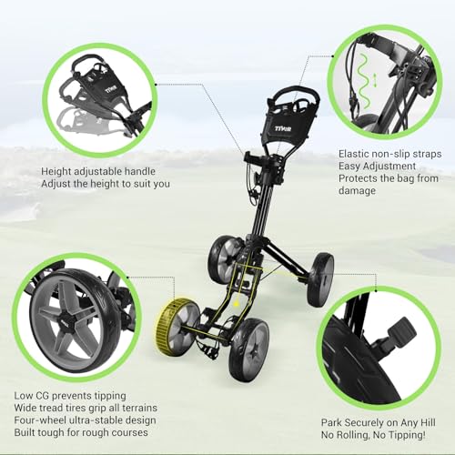 Image of Tivor Lightweight Golf Push cart 4 Wheel Foldable Golf Trolley for Adults and Junior with Ergonomic Adjustable Handle, Scorecard Holder, Umbrella Mount, Foot Brake, All-Terrain Wheels