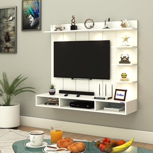 Image of Anikaa Tyron Engineered Wood Wall-Mount TV Unit with PVC Back Panel & LED Lights | TV Cabinet with Storage Box & Decorative Shelves (White) | Ideal for TVs up to 55 Inch | DIY Installation