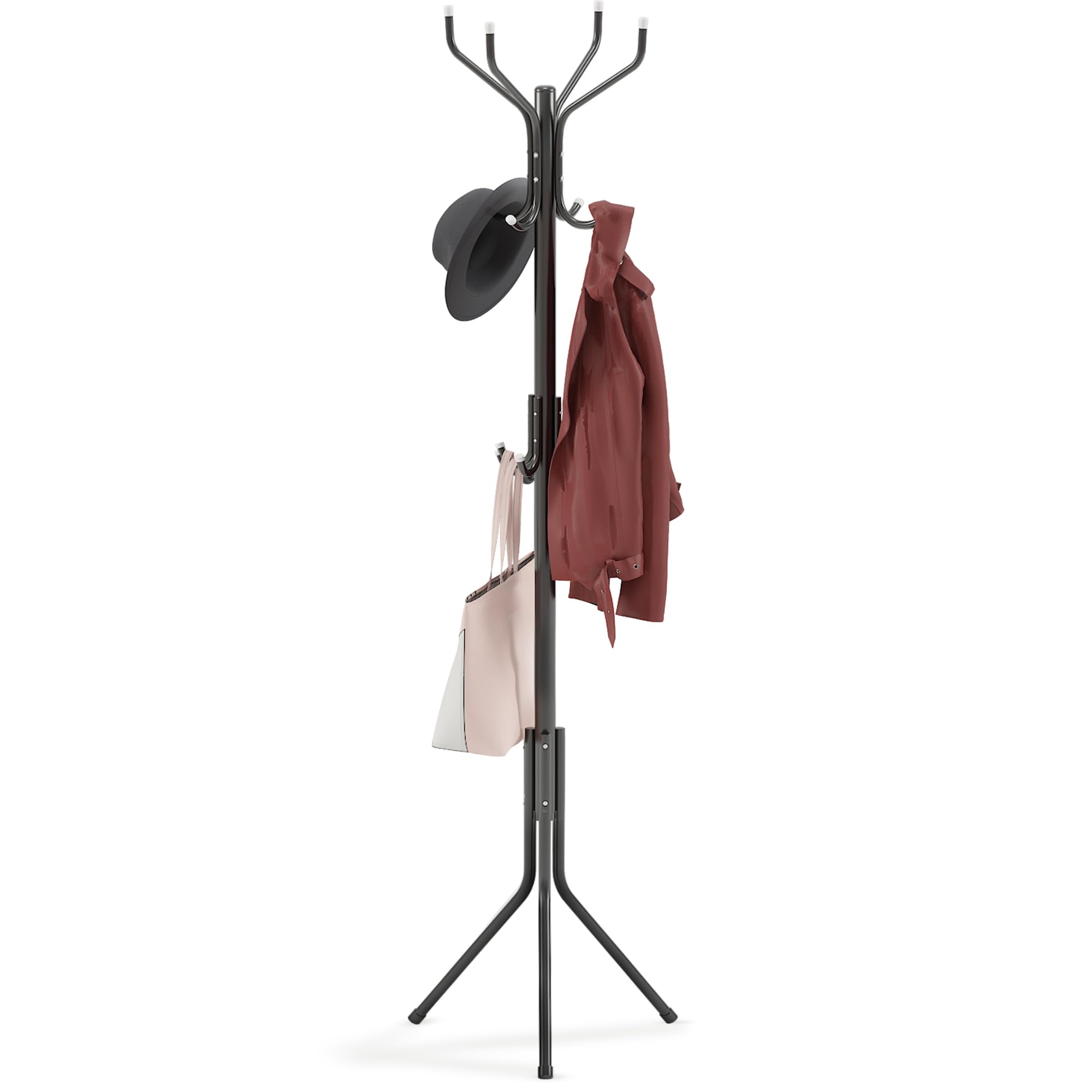 ZENO Coat Rack | Coat Stand | Coat Stands For Hallway | hat stand | Handbag Stand | 12 Hooks | 3 Tiers | Metal Coat Hanging Rack | Tall Hall Tree | Non Slip | Black