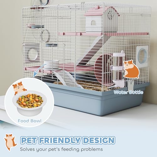 PawHut Hamster Cage, 3-Tier Gerbil Cage with Exercise Wheel, Food Bowl, Water Bottle, House, Tunnels, Ramps, Small Animal Habitat for Dwarf Hamster, Blue - Image 5