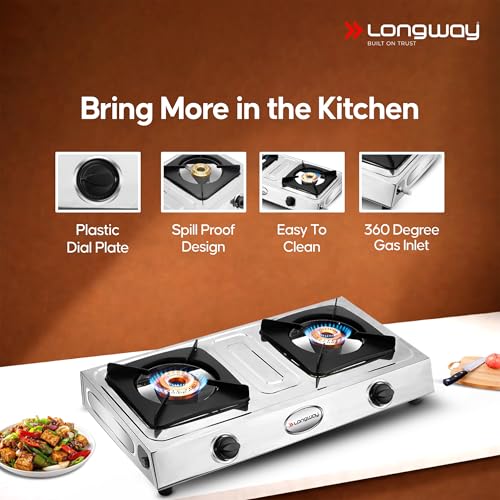 Image of Longway Stellar Stainless Steel Top, 2 Burner Manual Ignition Stainless Steel Gas Stove (Silver, ISI Certified, 2 Year Warranty)