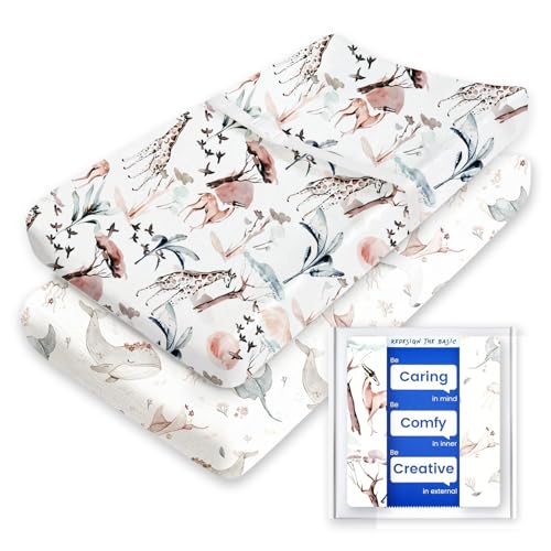 Image of Extra Stretchy Changing Pad Cover, TotBasic Ultra Soft Premium Jersey Knit Changing Pad Sheets, Pink Prints for Baby Girls, Fits All Standard Changing Tables/Dresser Tops - 2 Pack (Whale + Giraffe)