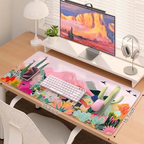 Image of iCasso Large Gaming Mouse Pad (35 inchx16 inch) - Waterproof Desk Mat with Non-Slip Rubber Base & Stitched Edges - Extended Keyboard Mousepad for Computer, PC, Office, Home Workspace (Cactus)