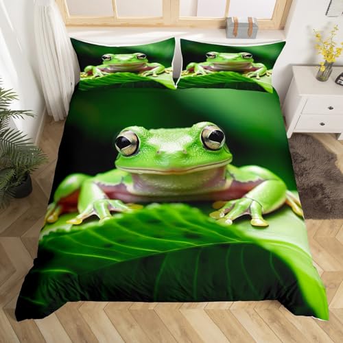 Frog Comforter Cover Tropical Amphibian Bedding Set 3D Animal Theme Duvet Cover for Boys Girls Teens Green Bedroom Decor Tropical Nature Theme Bed Set Queen Size With 2 Pillow Case (No Comforter)