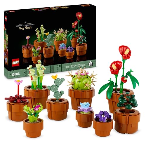 LEGO Icons Tiny Plants 10329 finished display piece on a wide bookshelf — 9 distinct miniature plants in terracotta pots arranged in a row showing the variety: succulents, cacti with arms, ferns, flowering plants, leafy plants, each approximately 3-5 inches tall, all in matching terracotta pot bases that share the Botanical Collection design language with the Orchid 10311 — the variety-pack Botanical Collection set built as 9 short build segments rather than one extended session