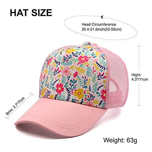 Girls Pony Hat Distressed High Ponytail Messy Bun Baseball Caps Kids Trucker Floral Sun Protection Hats Biking Cap(4-10years)3