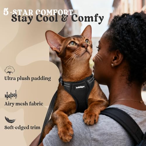 rabbitgoo Cat Harness and Leash, Easy-on with Neck Buckle, Black | Escape Proof, No Over-the-head, Soft Air Mesh, 3 Lockable Adjusters & Buckles, Reflective, for Small to Average Cats Walks, S - Image 7
