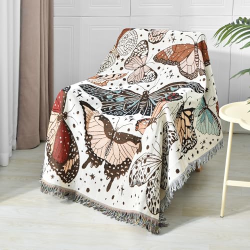 Image of Shesyuki Boho Throw Blanket Reversible Cotton Bohemian Tapestry Hippie Room Decor Double Sided (Month Moth Print 50"x60")