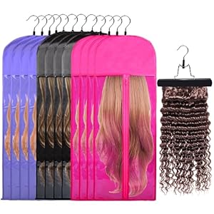Tialero Hair Extension Storage Bag Extra Long, 12 Pack 31.5″ Hair Extension Hanger with Storage Bag, Wig Storage Bags, Dustproof Strong Hair Extension Holder Hairpieces Storage Holder (12 Packs)