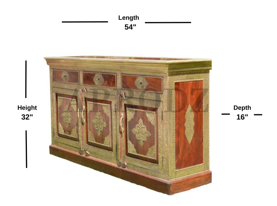 Image of APRODZ Hand-Painted Solid Wood Sideboard Cabinet with 3 Doors & 3 Drawers | Antique Brass Wooden Storage Cabinet for Bedroom Living Room & Kitchen | Crockery Cabinet, Kitchen Storage, 54x16x32