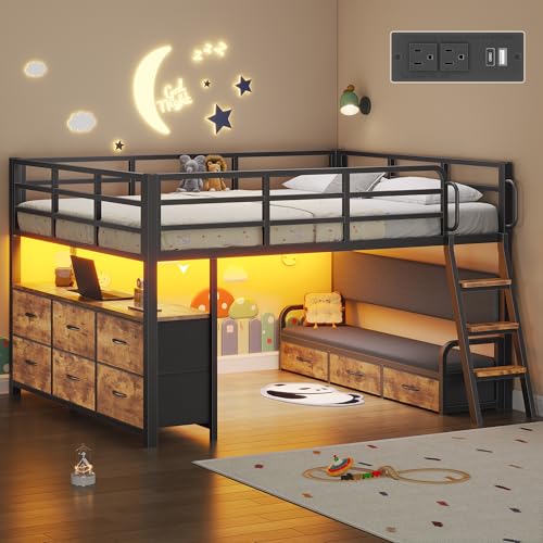 Dnxao Full Size Low Loft Bed with Desk,Full Size Bed Frame with 9 Storage Drawers, Kids Loft Bed with 15.8