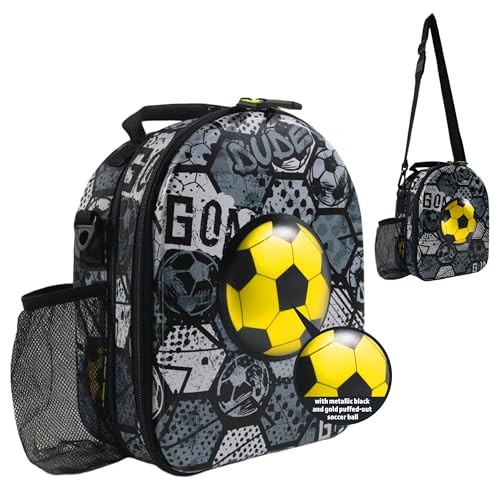 Decorably Insulated Hard-Top Soccer Lunch Box for Boys with Metallic Soccer Ball Design, Easy-to-Clean with 2 Main Compartments and Water Bottle...