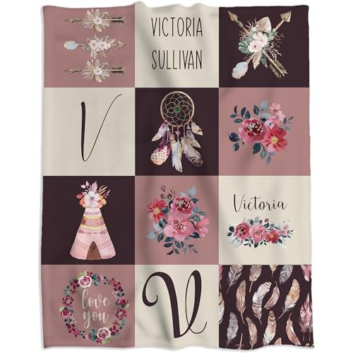 Personalized Baby Blanket for Girls Plush & Cozy. Custom Baby Blanket with Name. Customized Vintage Boho Baby Girl Boy Gift with Baby's Name for Newborn, Christmas Nursery (Vintage)