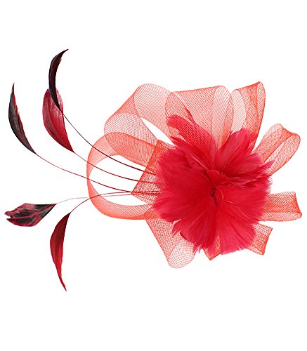 Urban CoCo Women's Vintage Flower Feather Mesh Net Fascinator Hair Clip Hat Party Wedding (#5 Red)