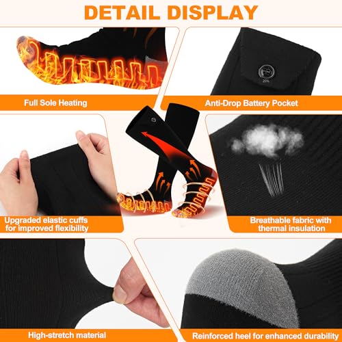 Electric Heated Socks for Men Women with 5V 6000mah Battery Foot Warmer 360° Toe Heating Electric Socks with 4 Levels Heat Settings Suitable for Outdoor Skiing, Winter Camping, Hiking