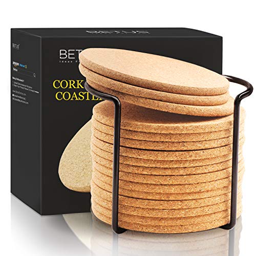 BETUS Round Cork Coasters 16pc Bulk Set with Metal Holder - 4" Diameter & 1/5" Thick - Drink Absorbent, Heat-Resistant, Reusable Saucer Pad for Glasses, Cup, DIY project, Restaurant & Wedding Supplies