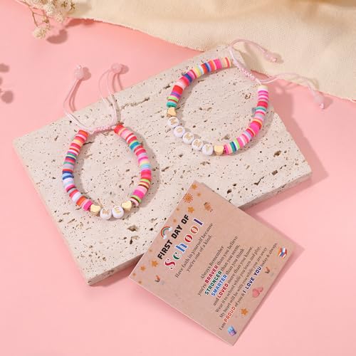 First Day of School Gifts Matching Bracelets for Women Girls Mother and Daughter Beaded Bracelet Multicolor Bead Stretch Back to School Gift I Love You Engraved Christmas Birthday Jewelry