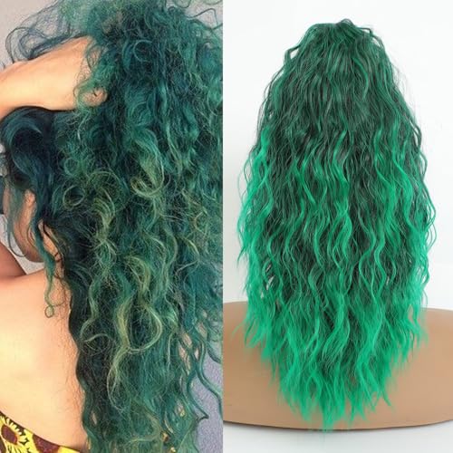 Image of Claw Clip Ponytail Extension 16In Long Wavy Curly Hair, Ombre Green