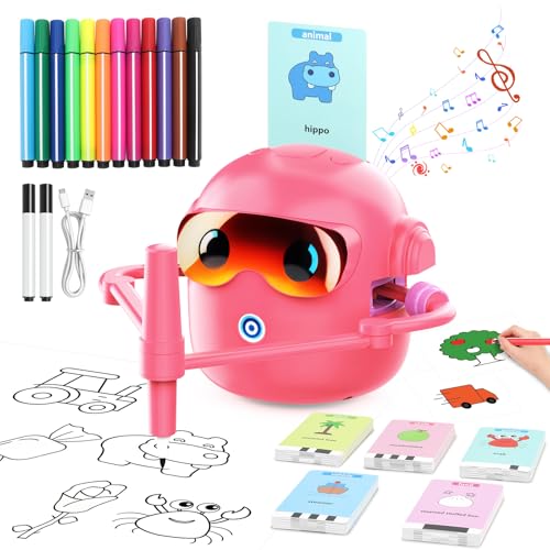 HUIJUTCHEN Drawing Robot for Boys Girls Educational Drawing Machine Voice Interaction Draw Learning Machine with 100 Word Cards & 12 Color Pens Present for Boys Girls Birthday Christmas (Rose)