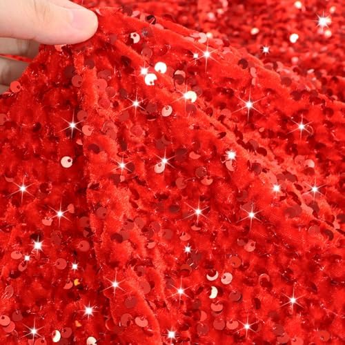 Red Sequin Fabric Velvet Stretch Fabric by the Yard Glitter Sequin Fabrics Sensory Wall Sequence Material Fabrics Large Sequins Fabric Mermaid for Quilting Sewing Dress Cloth DIY Craft