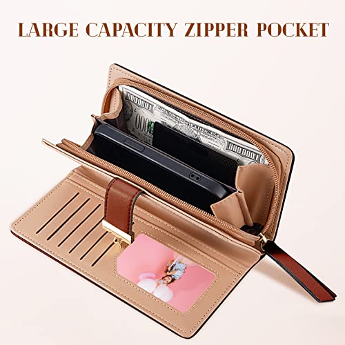 Image of Sweet Cute Chocolate Women's Long Leaf Bifold Wallet Leather Card Holder Purse Zipper Buckle Elegant Clutch Wallet Handbag for Women - Brown