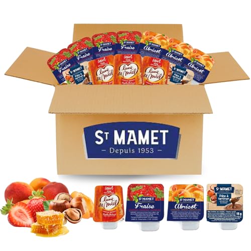 St MAMET/LUNE DE MIEL | 80 barquettes individuelles de Pâte à Tartiner, Confiture de Fraise & Abricot et Miel | Pour varier les plaisirs au petit-déjeuner