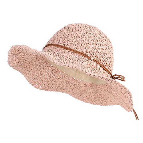 Women Wide Brim Straw Hat Floppy Summer Beach Bucket with Bowknot Adjustable Outdoor Sun Cap Foldable UV Protection Headwear3